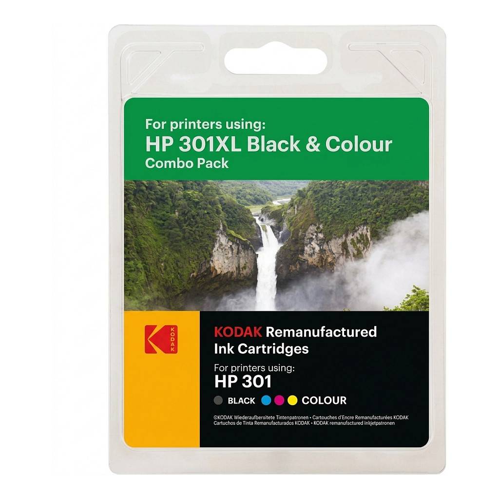 HP 301XL Schwarz- & Farbkombipack in einer Kunststoffblisterpackung, gekennzeichnet für Drucker, die HP 301 Tintenpatronen und wiederaufbereitete Kodak-Tintenpatronen verwenden.