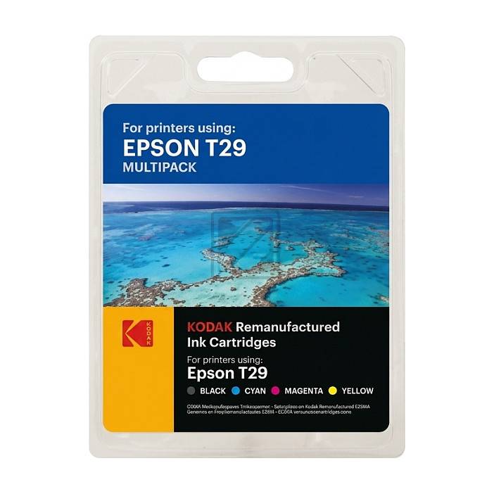 KODAK wiederaufbereitete Tintenpatrone Multipack für Epson T29 Drucker, mit schwarzer, cyan-, magenta- und gelber Tinte.