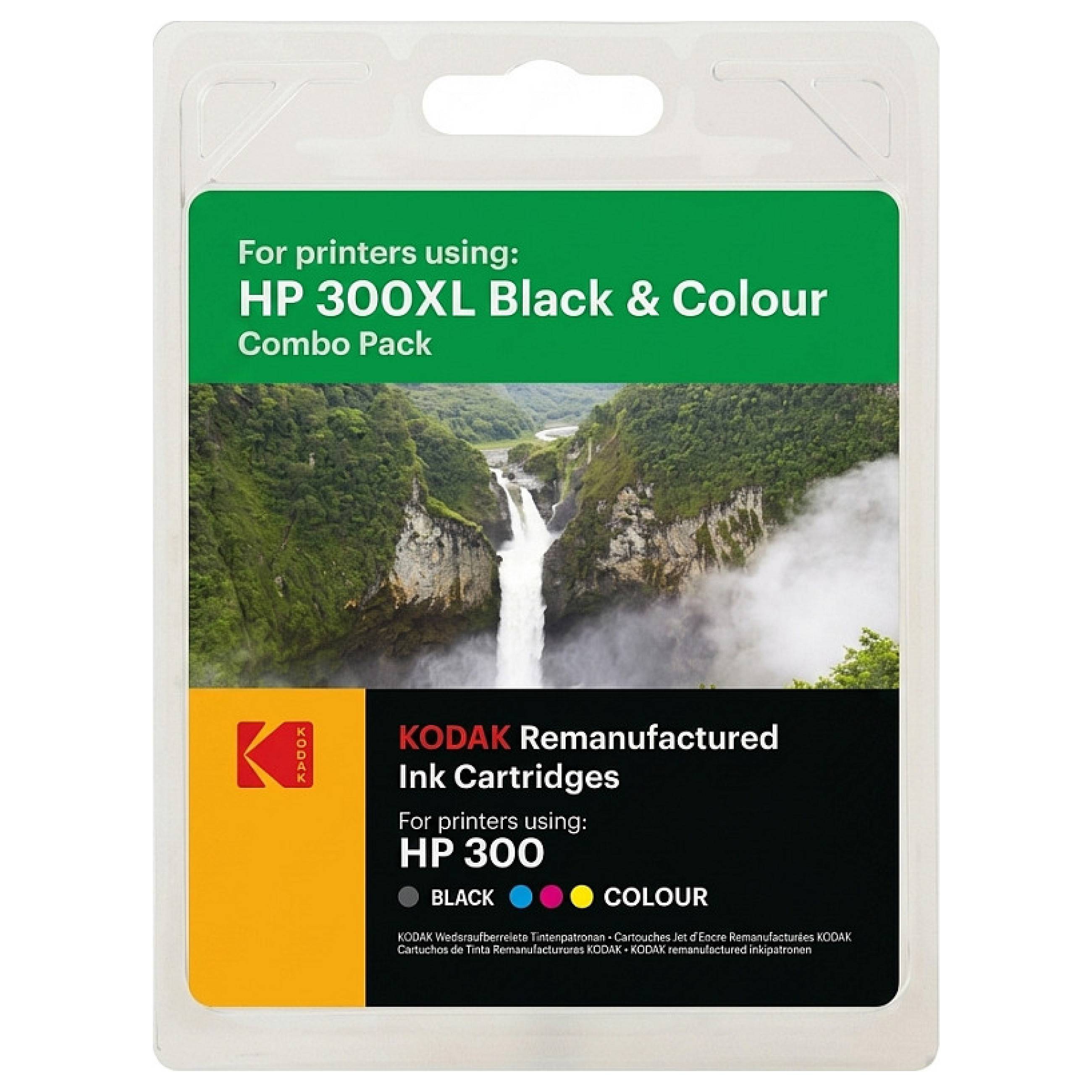 KODAK wiederaufbereitete Tintenpatronen Kombopack für HP 300XL Schwarz- und Farbdrucker, gezeigt auf Einzelhandelverpackung mit Wasserfallbild.