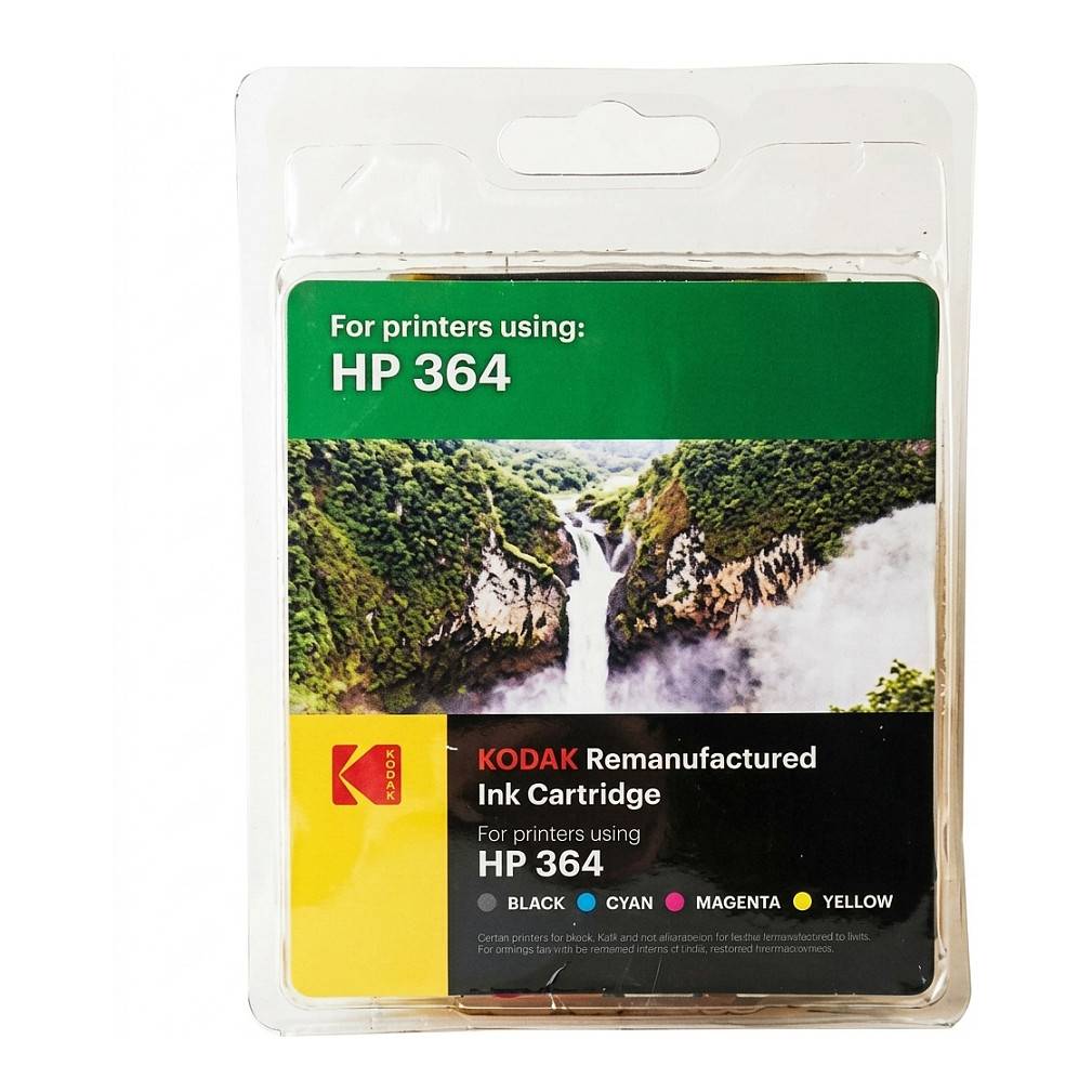 Kodak nachbearbeitete Tintenpatronpaket für HP 364-Drucker, gekennzeichnet in schwarz, cyan, magenta und gelb.