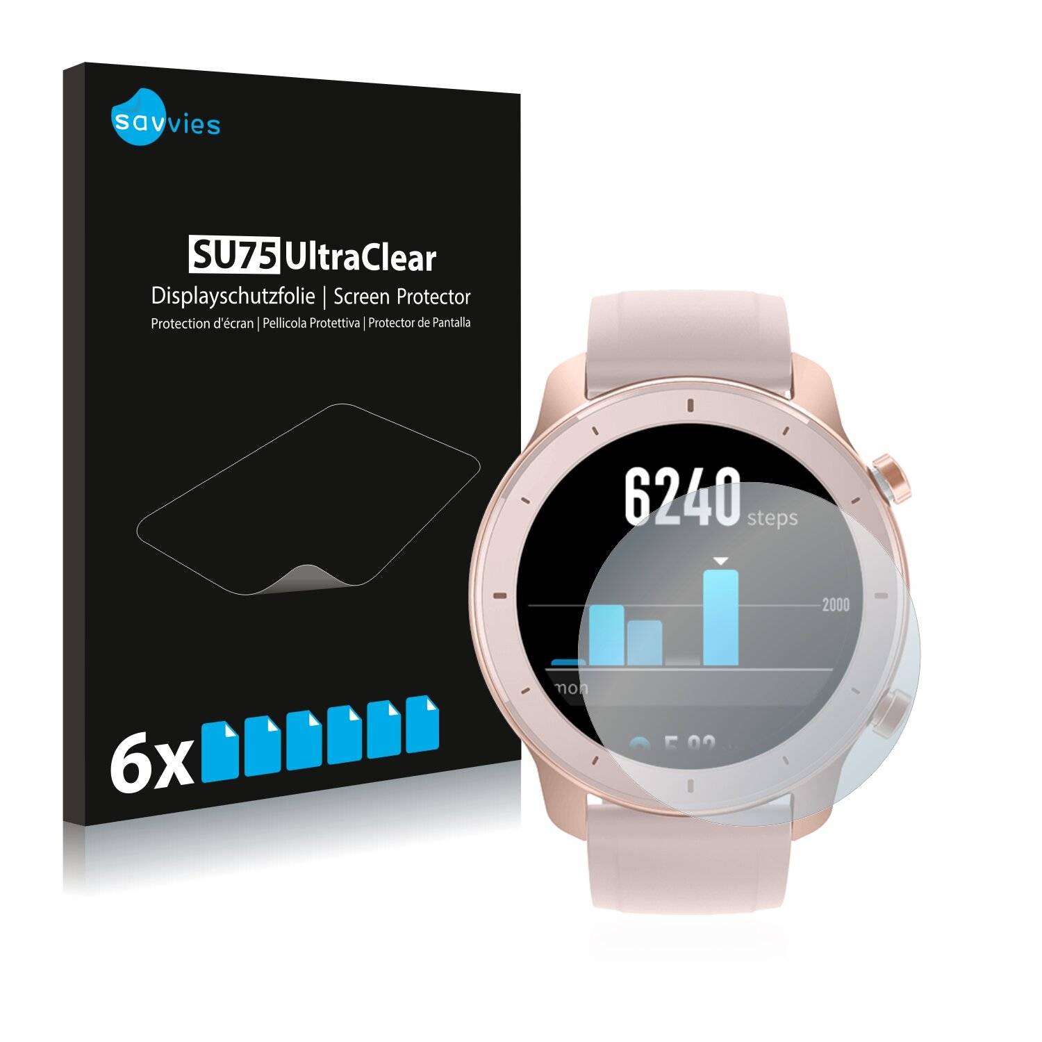 6x Savvies SU75 Displayschutzfolie für Huami Amazfit GTR (42