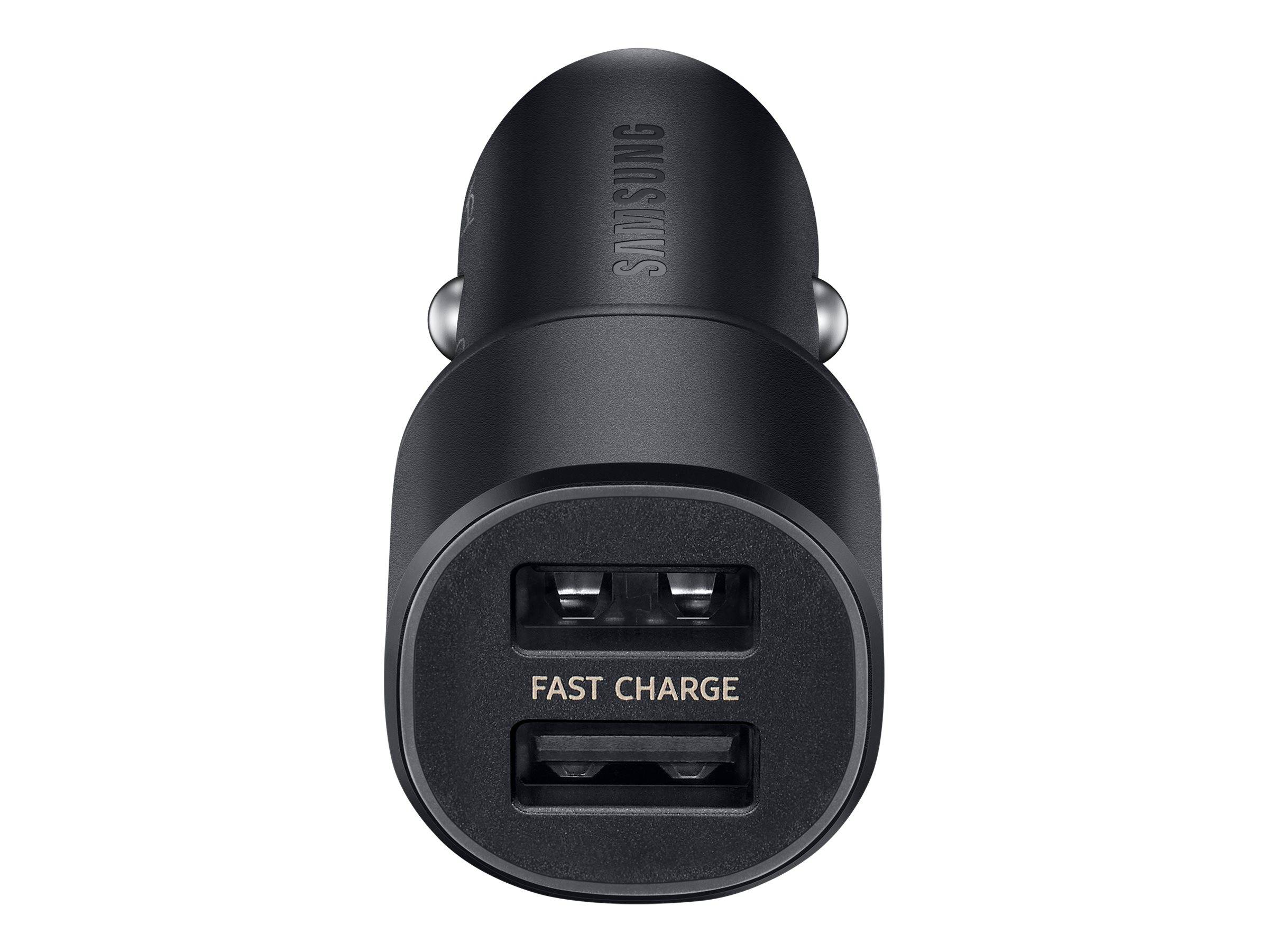 Schwarzer Samsung Auto-USB-Ladegerät-Adapter mit zwei USB-Anschlüssen mit der Aufschrift „FAST CHARGE