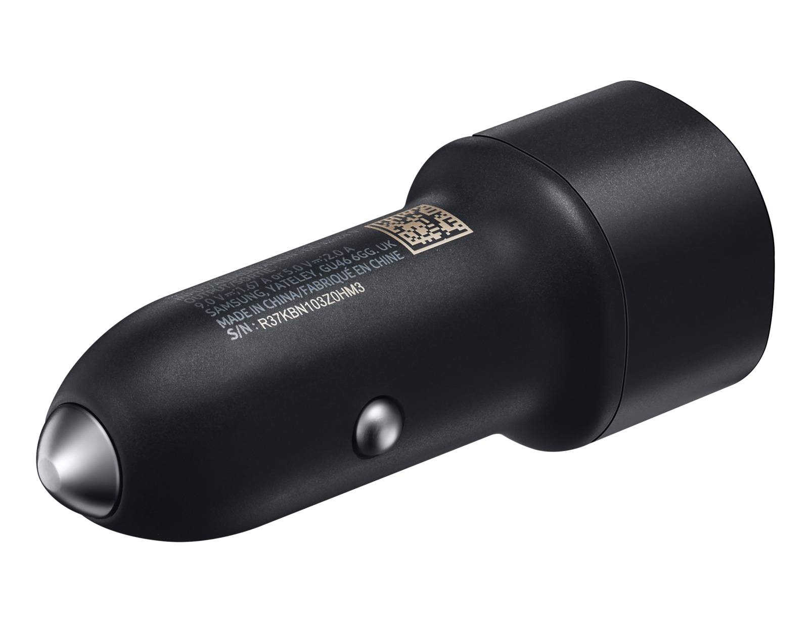 Schwarzer Auto-Ladegeräteadapter mit USB-Anschluss und Metalspitze, auf weißem Hintergrund abgebildet.
