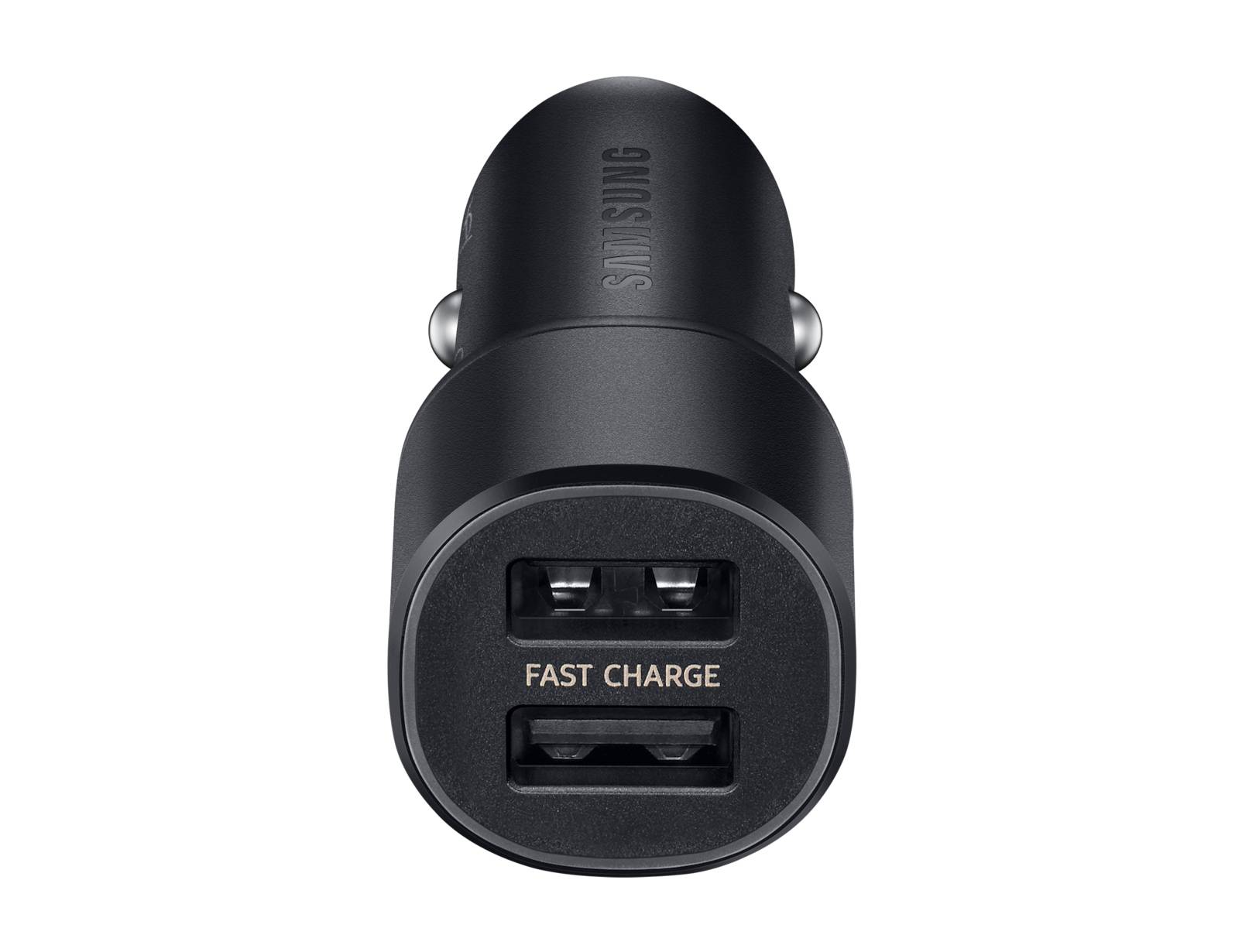 Schwarzes Auto-USB-Ladegerät mit zwei gestapelten USB-Anschlüssen mit der Bezeichnung „FAST CHARGE