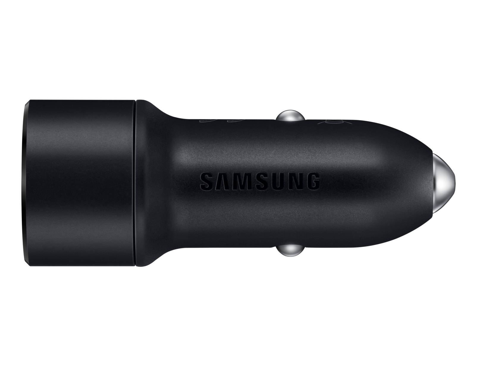 Schwarzer Samsung-Autoladegerät-Adapter in Seitenansicht auf weißem Hintergrund.