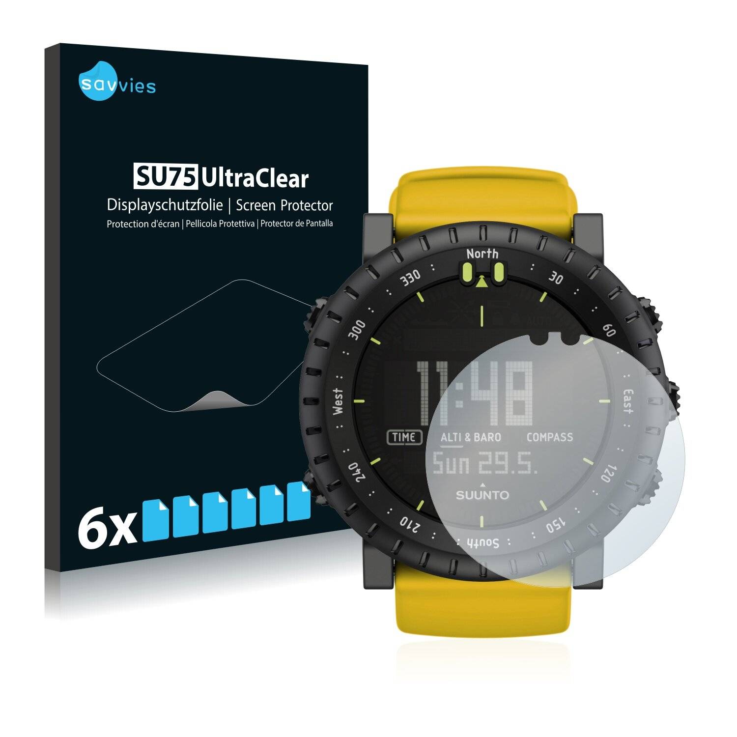6x Savvies SU75 Displayschutzfolie für Suunto Core Yellow