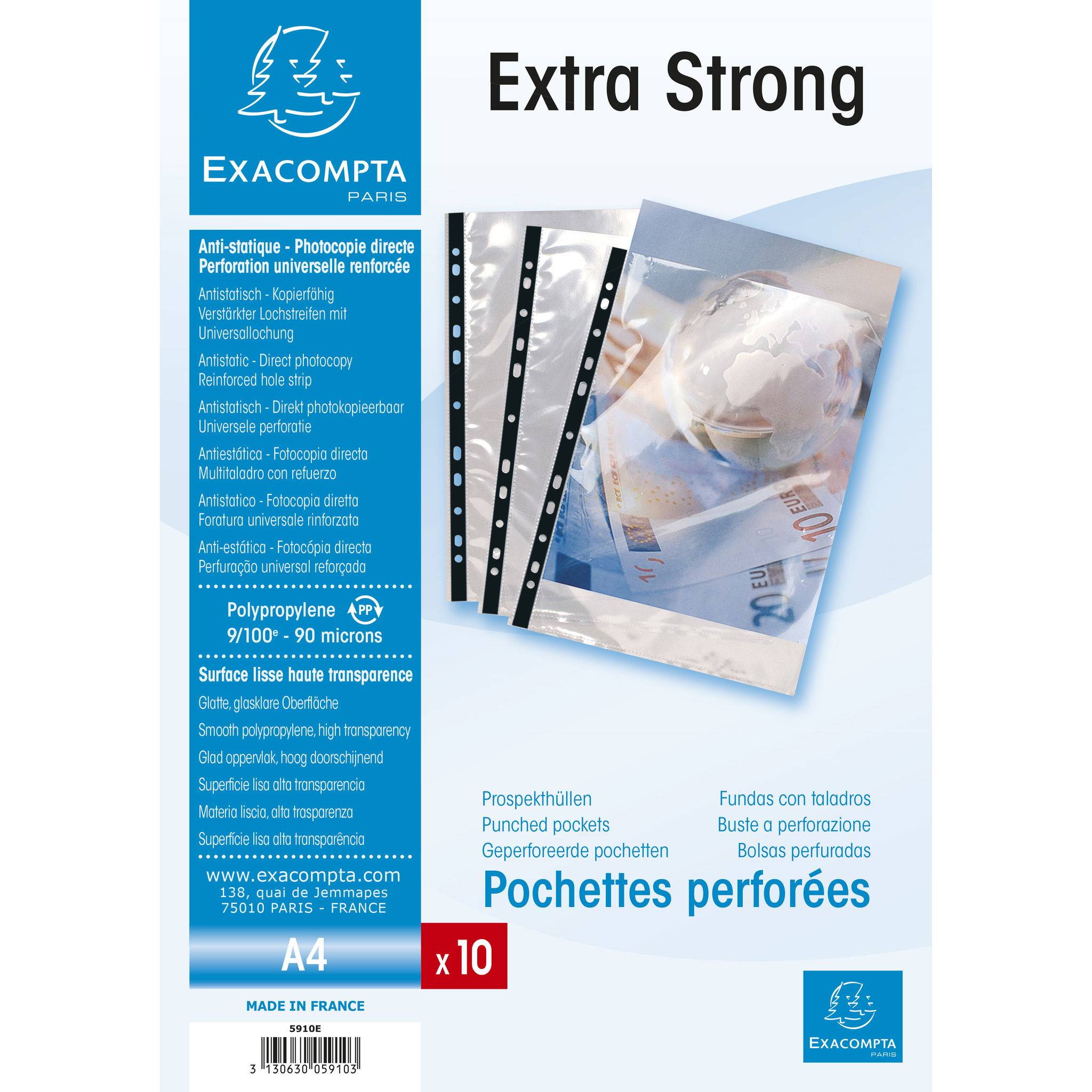 Exacompta 10x Pack 10 Prospekthüllen glatt gelocht PP 90µ A4 Kristall 5910E