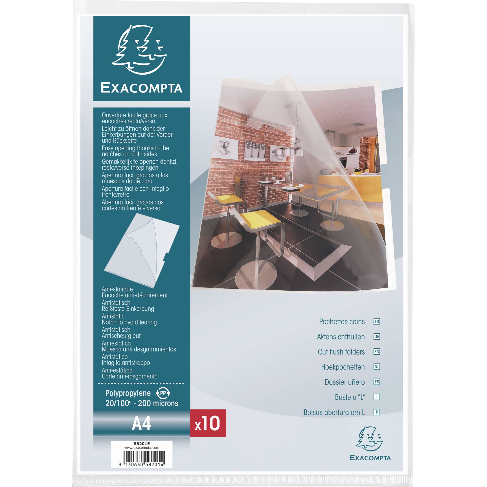 Exacompta 10x Pack 10 Aktensichthüllen PP 200µ +Einkerbung A4 Kristall 58201E