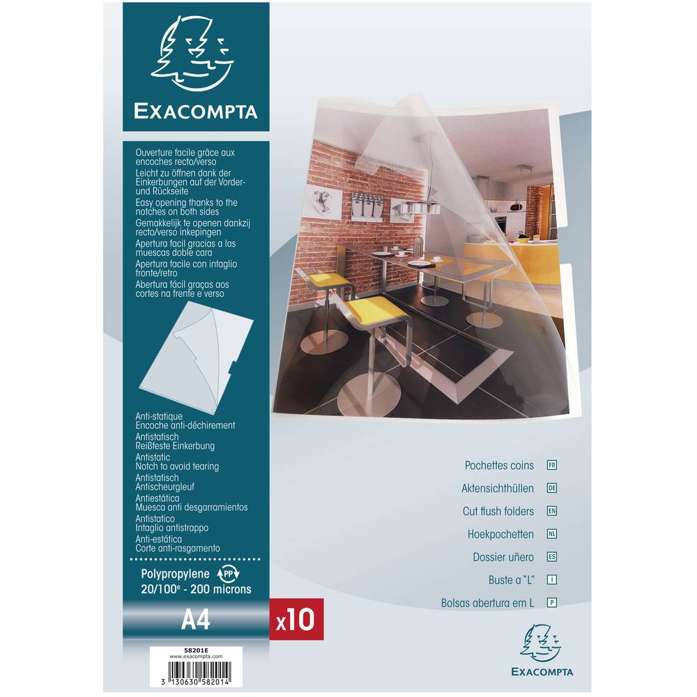 Exacompta 10x Pack 10 Aktensichthüllen PP 200µ +Einkerbung A4 Kristall 58201E