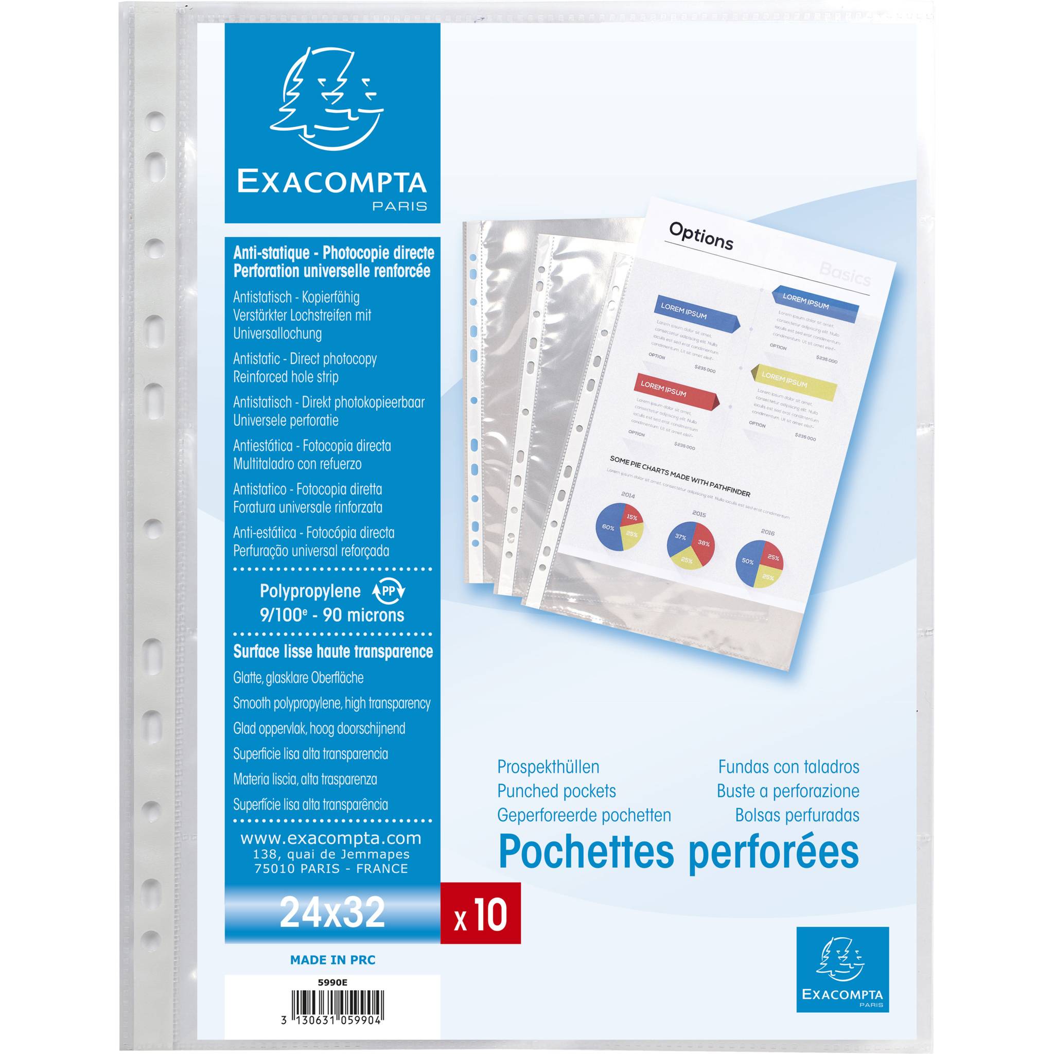 Exacompta 10x 10 Stück Schutzhüllen gelocht glattem PP 110µ A4 Kristall 55046E