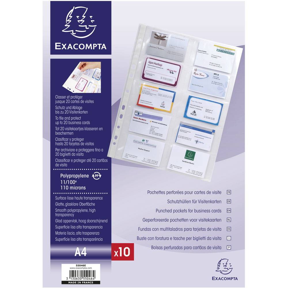 Exacompta 10x 10 Stück Schutzhüllen gelocht glattem PP 110µ A4 Kristall 55046E