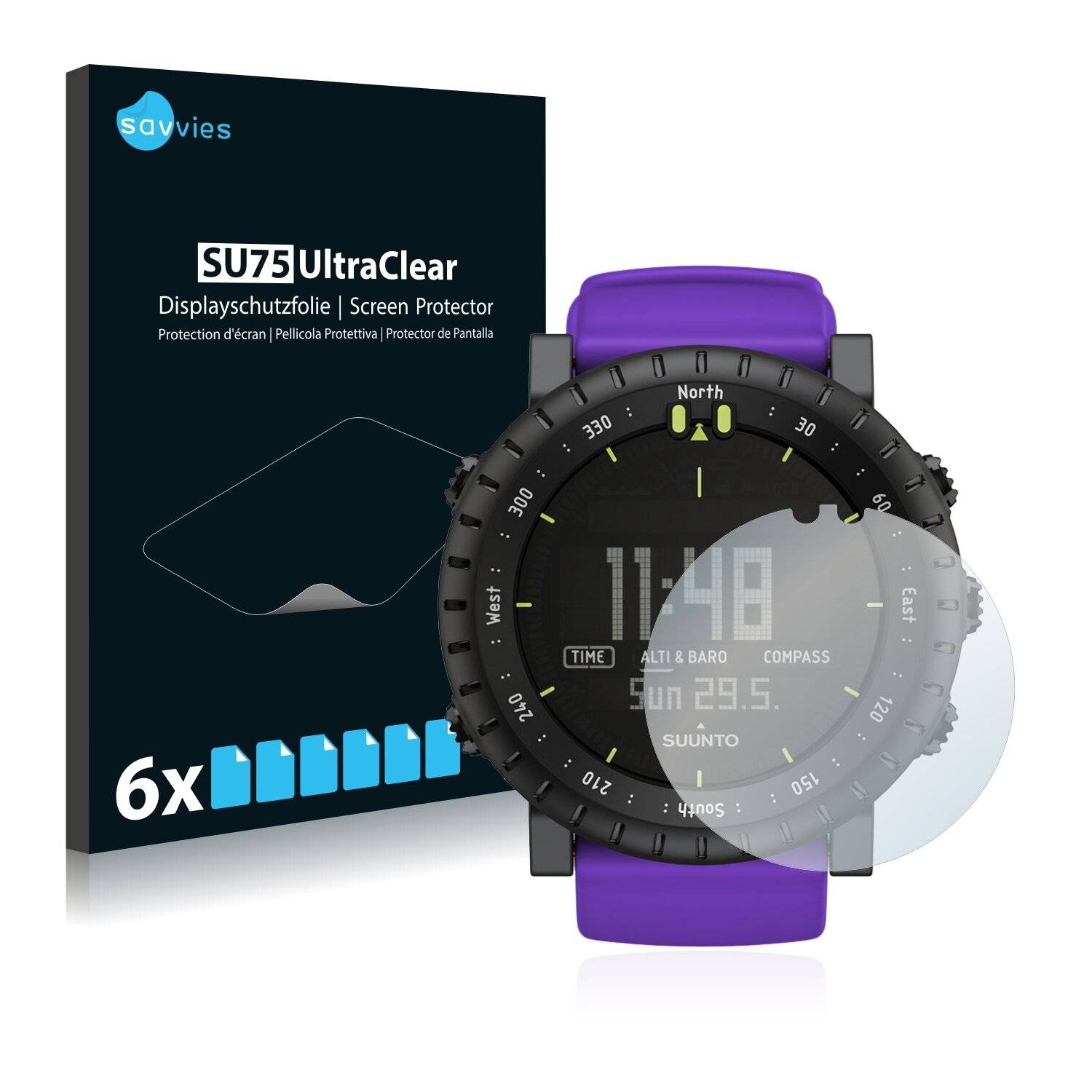 6x Savvies SU75 Displayschutzfolie für Suunto Core Violet