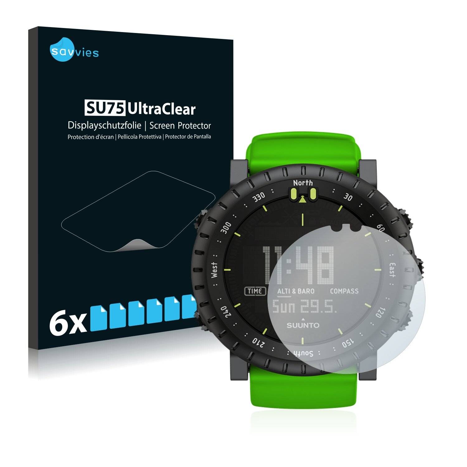6x Savvies SU75 Displayschutzfolie für Suunto Core Green