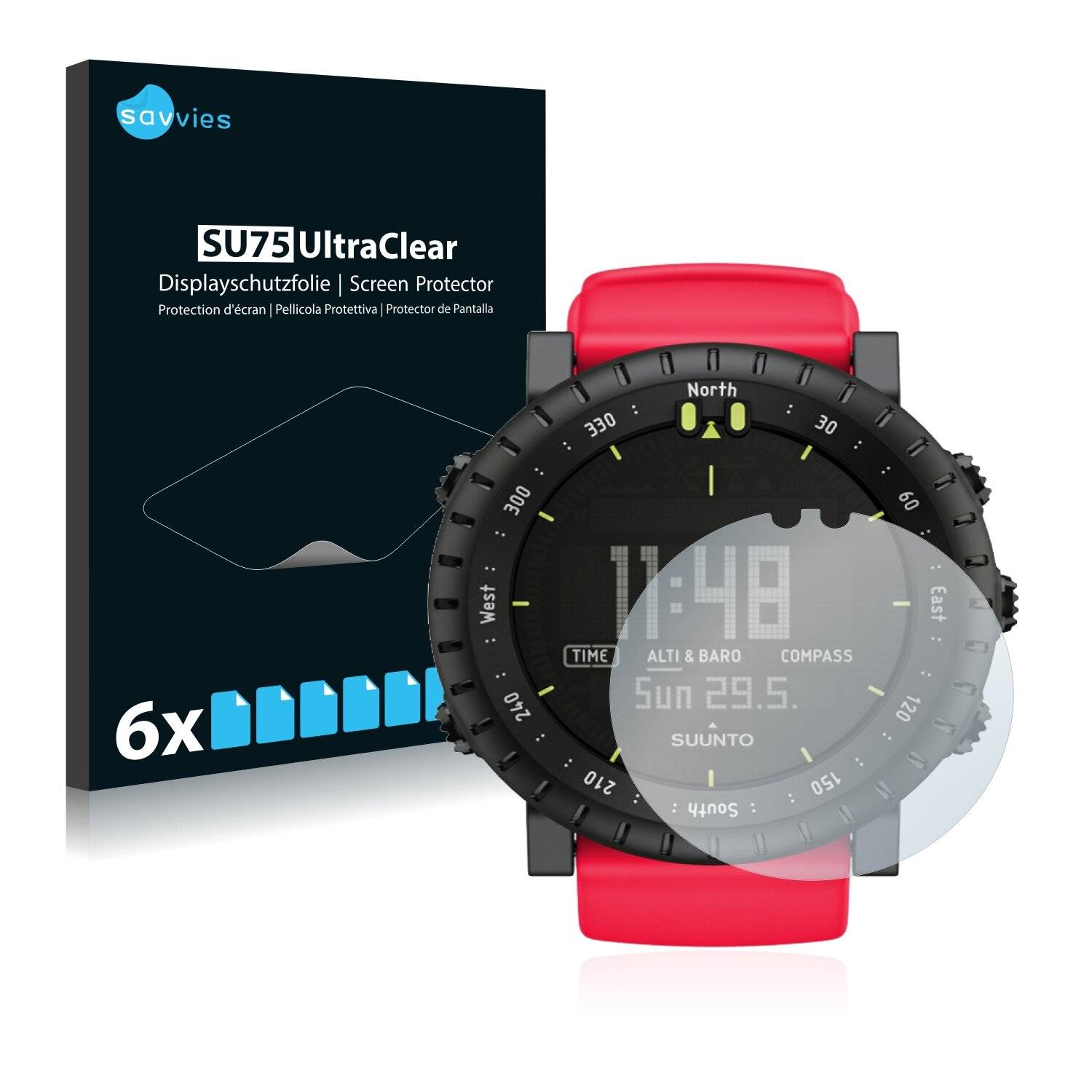 6x Savvies SU75 Displayschutzfolie für Suunto Core Red