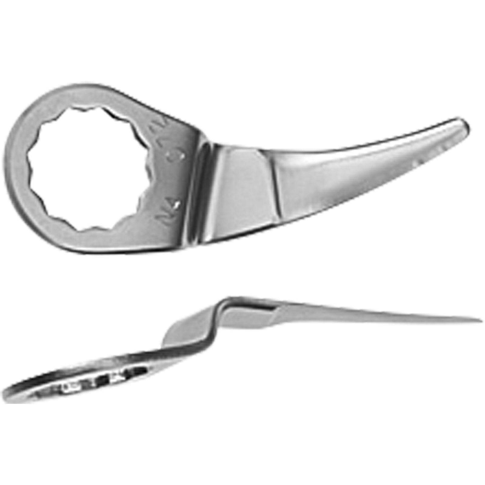 Zwei Perspektiven eines Abdeckmesserklingen-Messers: eine Seitenansicht und eine Draufsicht. Beide Perspektiven zeigen die Form und die gezackte Klinge.