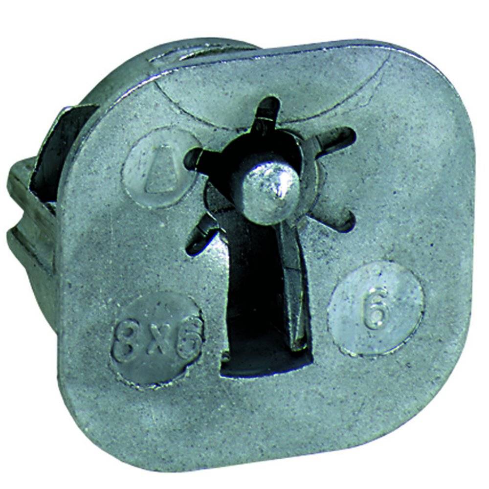 Eine Metallnockenverriegelung für die Möbelmontage mit einem kreuzförmigen Schlitz und gekennzeichnet mit '8x6'.