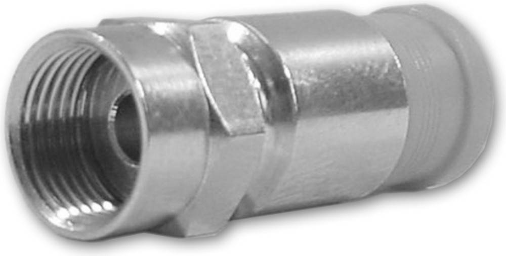 Eine Nahaufnahme eines Metall-Koaxialkabel-Anschlusses, der seinen sechseckigen Körper und das gewindete Ende zum Befestigen an einem Gerät oder Kabel zeigt.