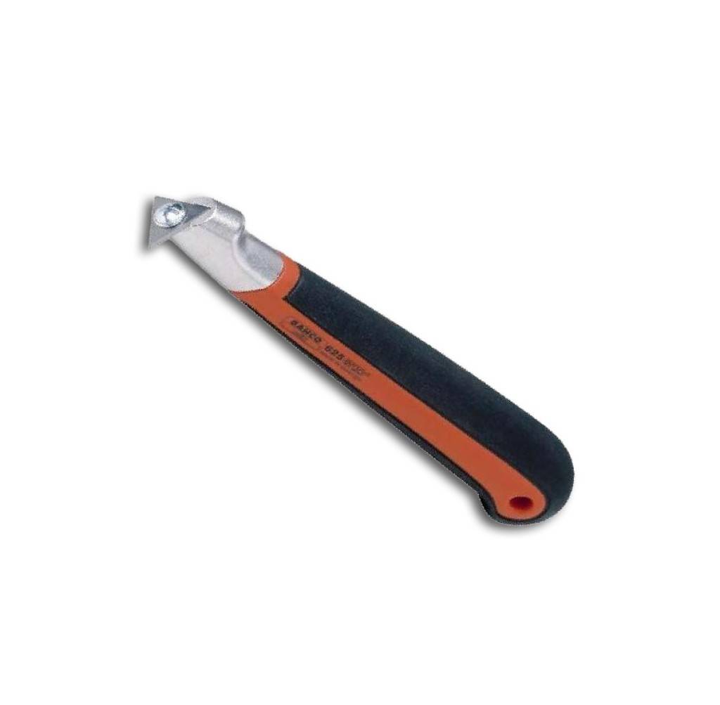 Ein Universalmesser mit schwarzem und orangefarbenem Griff und kleinem Metallschneidekopf, dargestellt auf einfachem weißem Hintergrund.