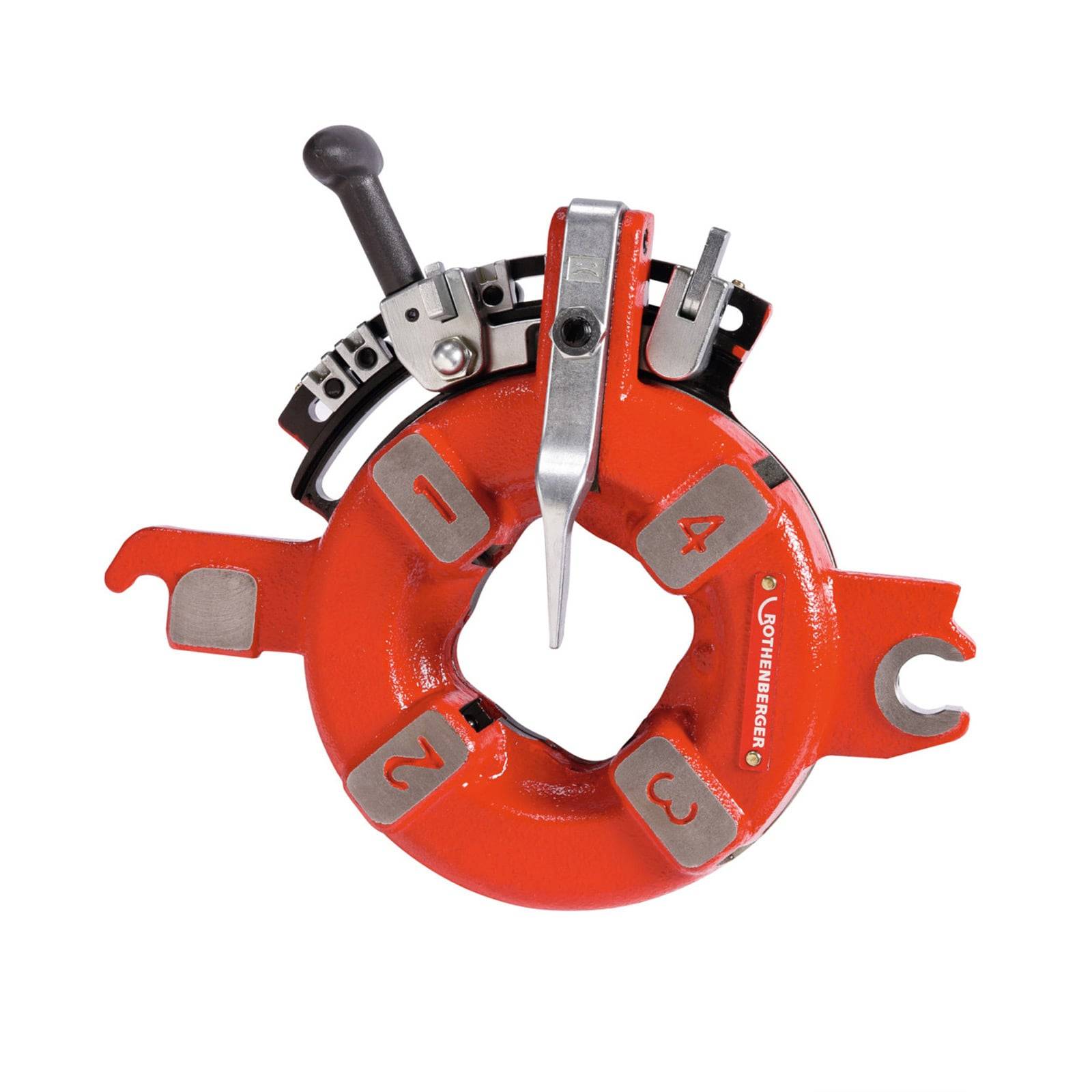 Ein roter Rohrzange mit einem kreisförmigen Griff, beschriftet von 1 bis 4, verfügt über einen Hebel und einen verstellbaren Mechanismus.