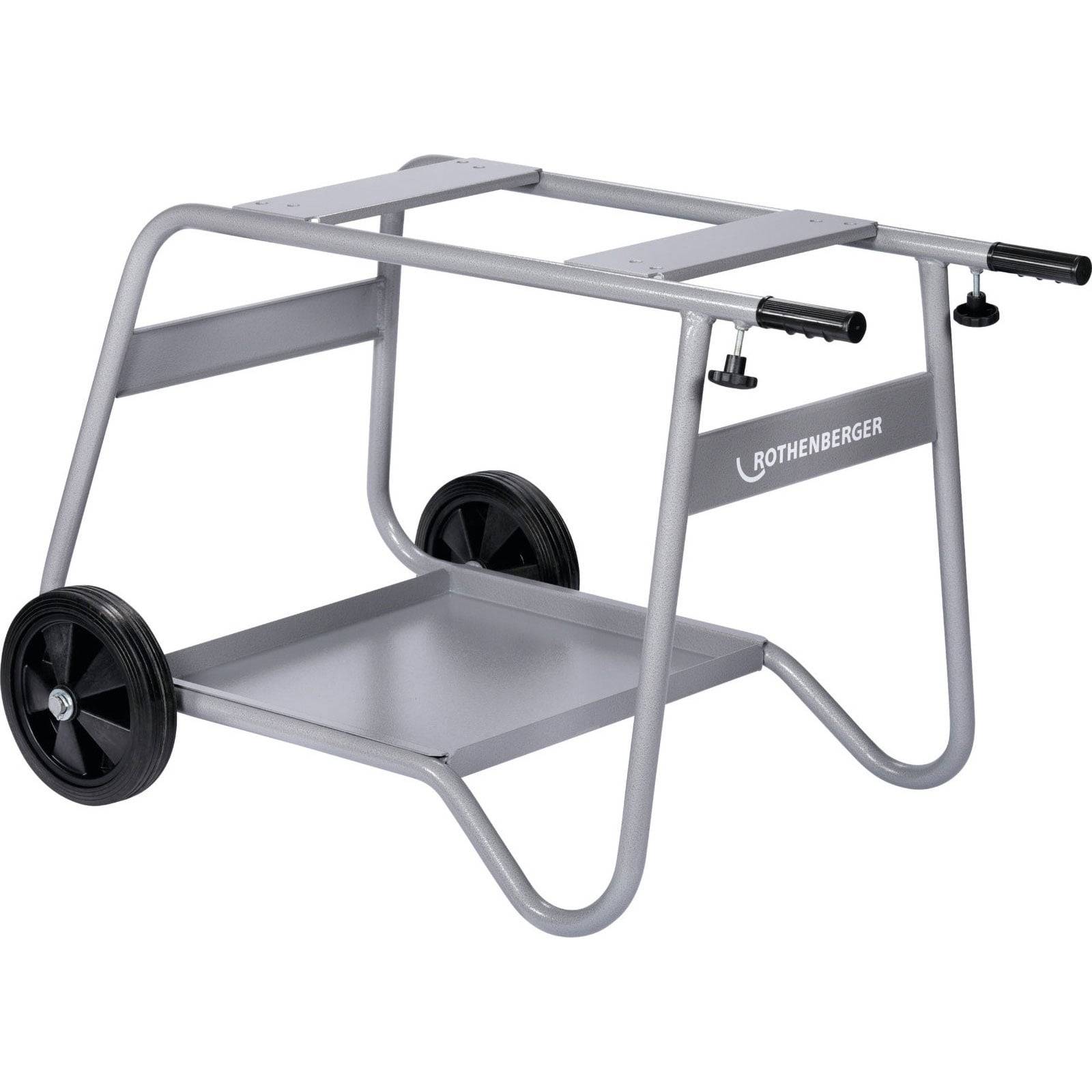 Ein grauer, mit Rädern versehener Metallrahmen zur Ausrüstungsaufnahme, mit der Markenbezeichnung 'Rothenberger', ausgestattet mit zwei Griffen und robuster Konstruktion.