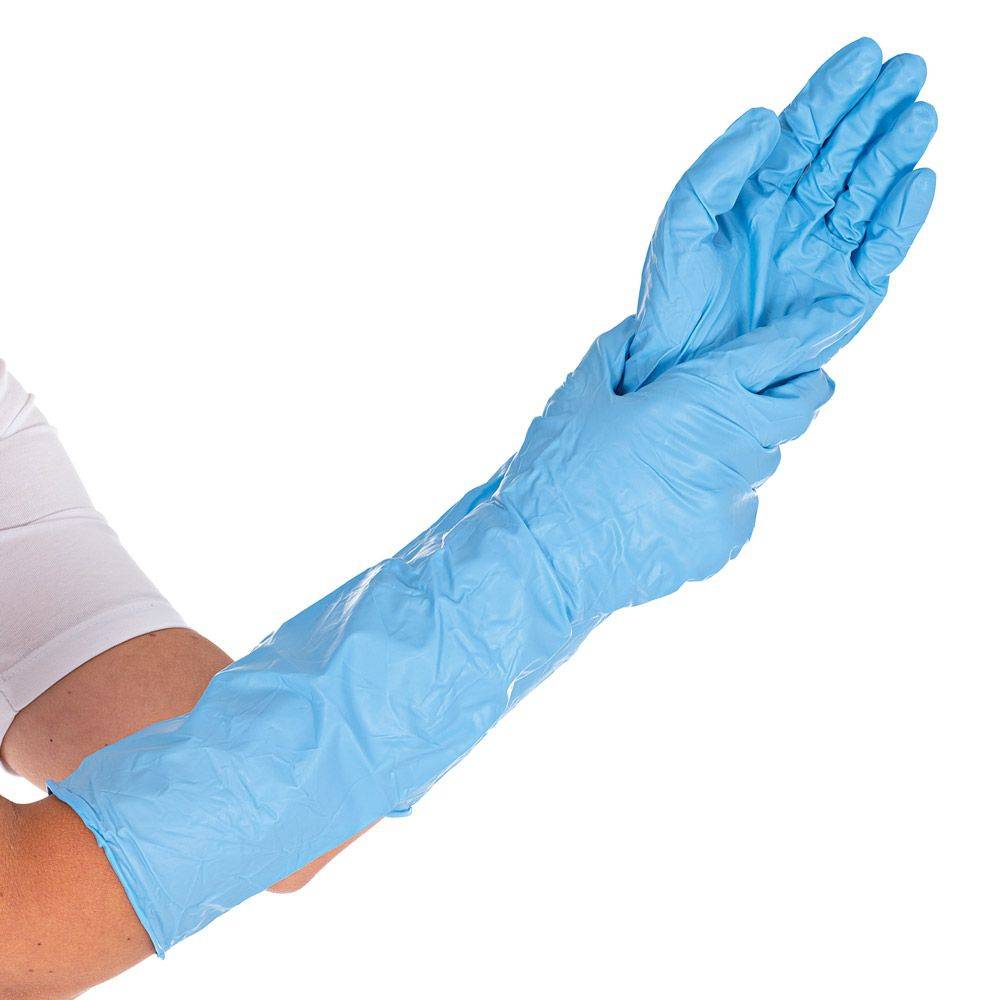 Hygostar Extra Safe Superlong Nitril-Einweghandschuh (50 St.) Länge 50cm Farbe: Blau Gr. 10 (XL)