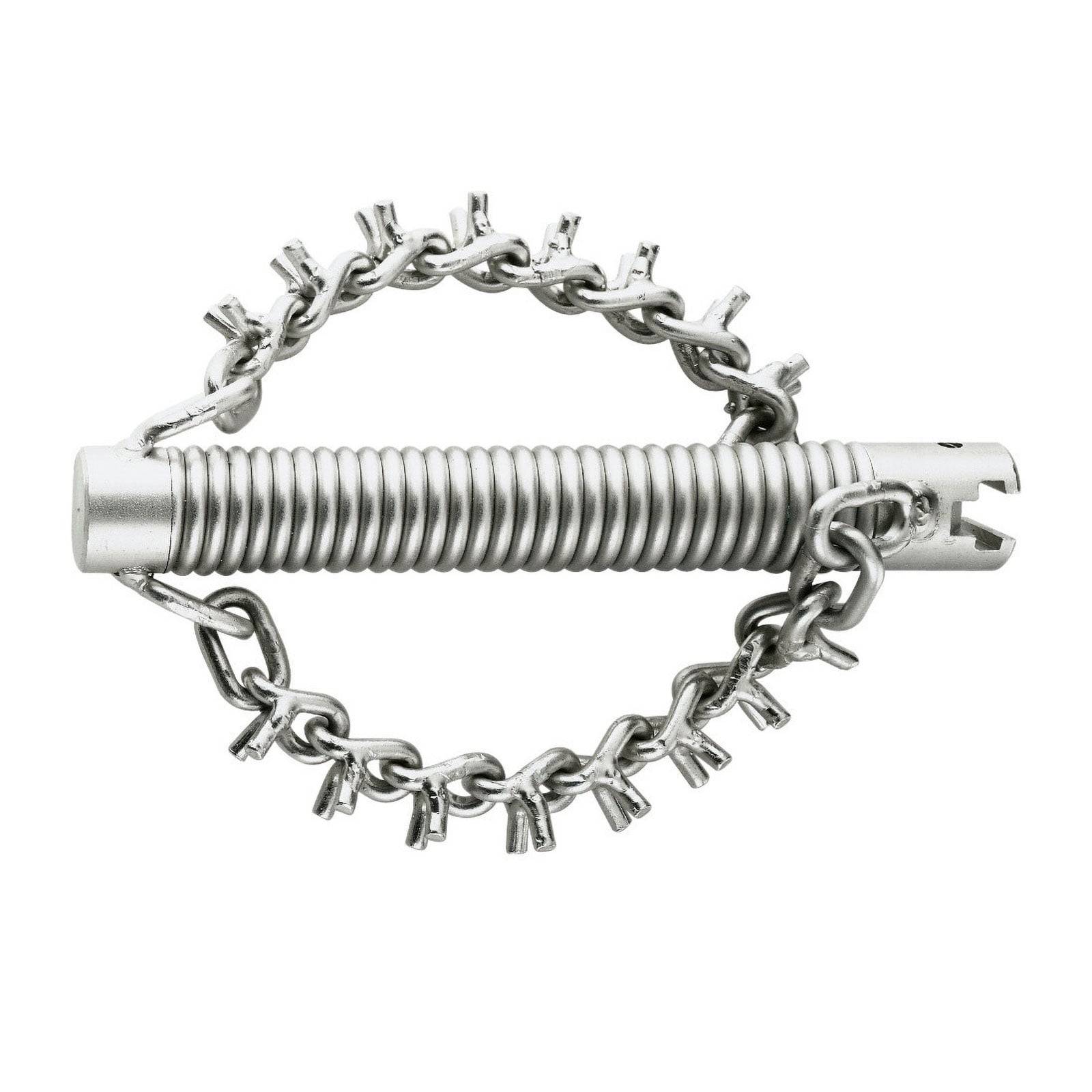 Eine glänzende, metallische Schlauchschelle mit einer gefederten Spiralfeder, die durch eine Kette gesichert ist und zum Befestigen und Abdichten von Schläuchen oder Rohranschlüssen dient.