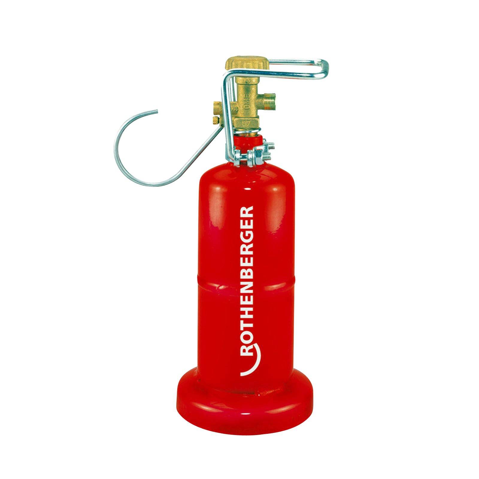 Eine rote Rothenberger-Gaskartusche mit goldener Ventilkappe und silbernem Griff, verwendet für sanitäre Anwendungen.