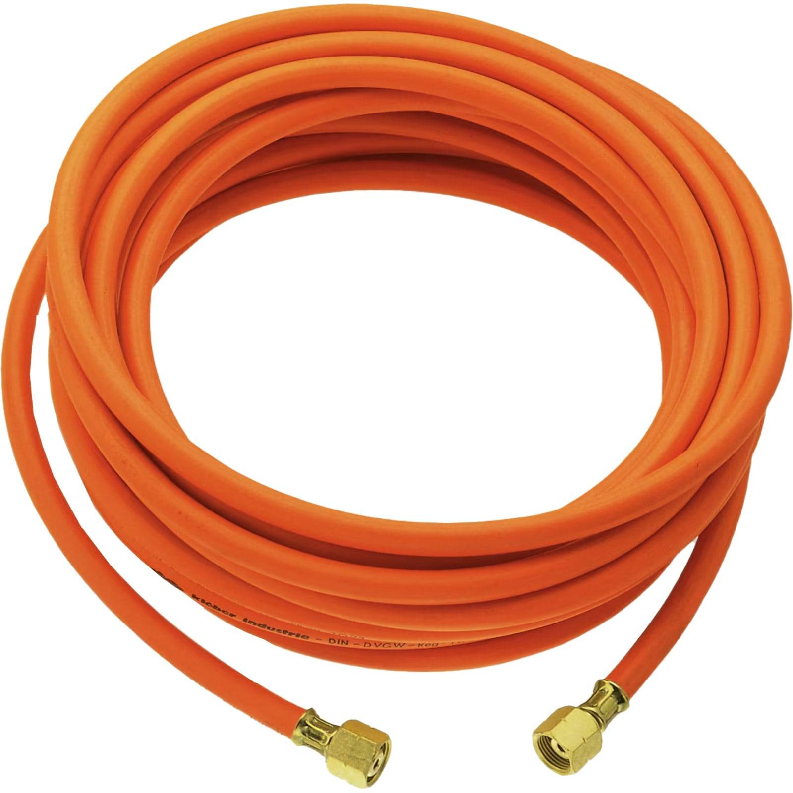 Ein orangefarbener, spiralförmiger Gasschlauch mit Messingverschraubungen an beiden Enden, geeignet für Campingausrüstung und tragbare Kocher.
