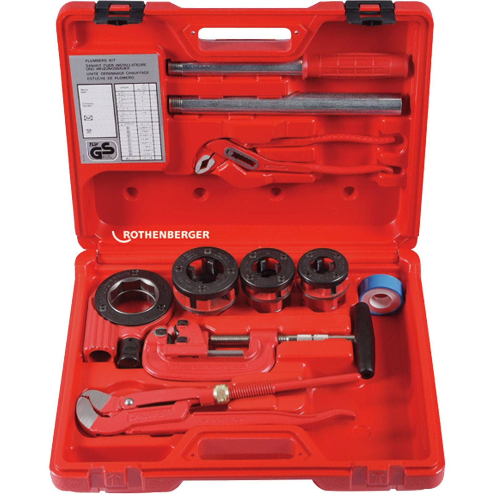 Ein roter Werkzeugkoffer, der verschiedene Klempnerwerkzeuge wie Schraubenschlüssel, Cutter und Rohreinsätze enthält, die für Rohranschluss und -reparatur verwendet werden.