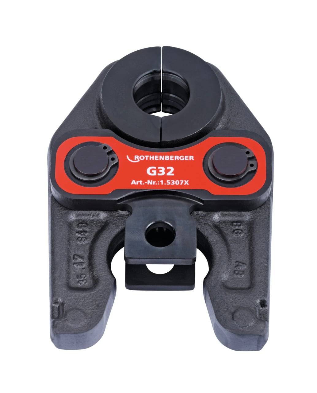 Ein hydraulischer Crimpwerkzeugkopf mit 'Rothenberger G32' in Rot, verwendet zum Verbinden von Rohren. Modellnummer lautet 'Art.-Nr.:1.5307X'.