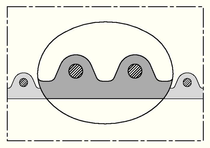 Skizze eines abgerundeten mechanischen Bauteils mit zwei Löchern auf jeder Seite innerhalb eines schraffierten rechteckigen Abschnitts, was Querschnittsdetails andeutet.