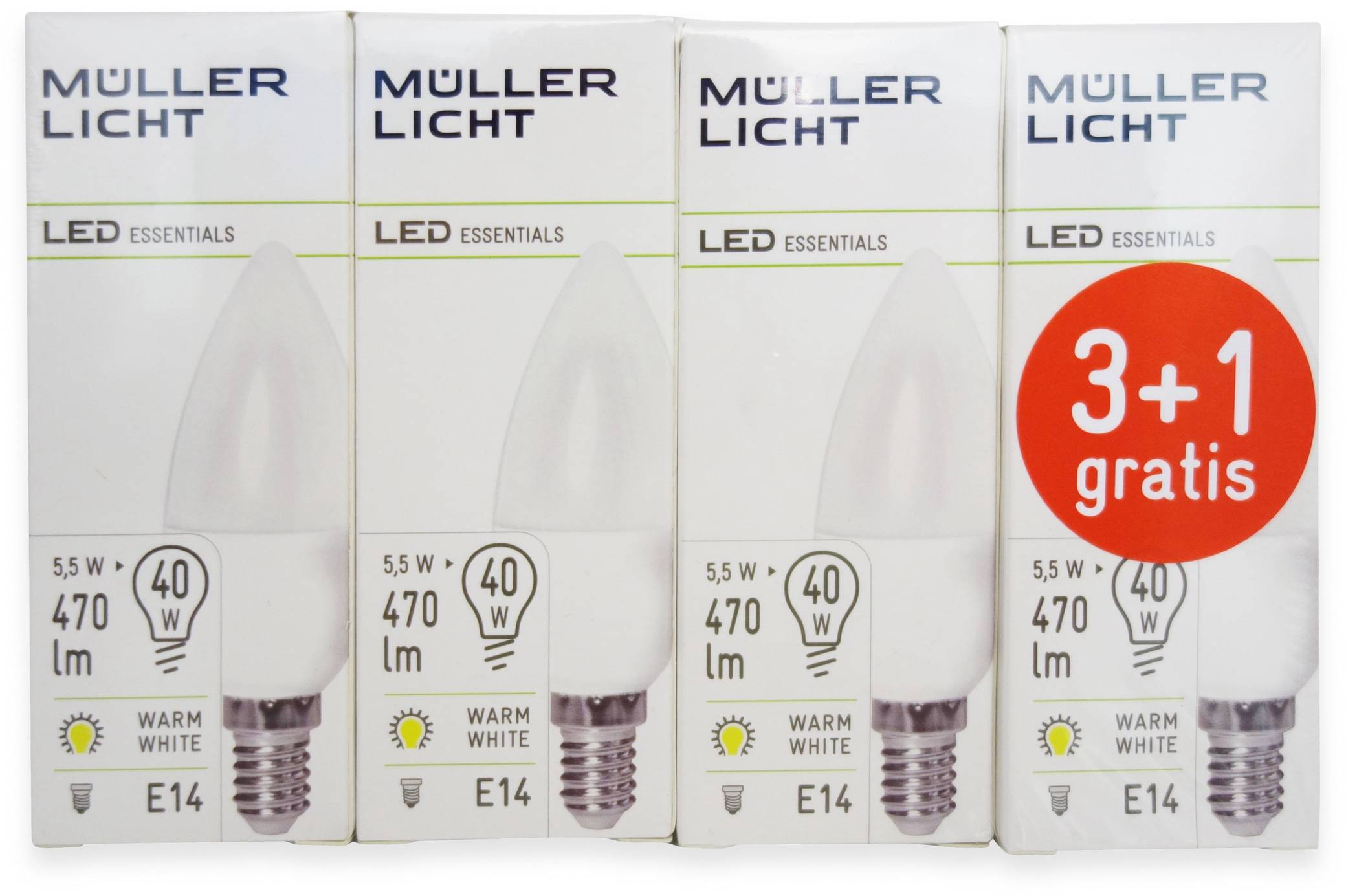 MÜLLER-LICHT LED-Lampe, Kerzenform, 400258, E14, EEK: F, 4,5W, 470 lm, 2700 K, matt, 4 Stück