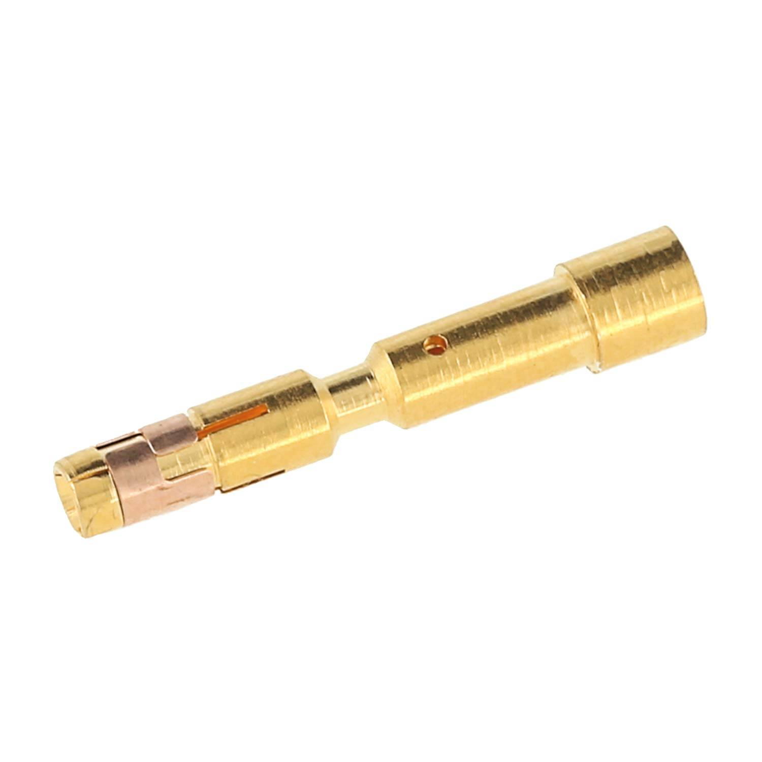Ein vergoldeter elektrischer Steckerkontakt mit zylindrischer Form und einem kleinen Loch in der Nähe der Mitte, das für elektronische Geräteverbindungen verwendet wird.