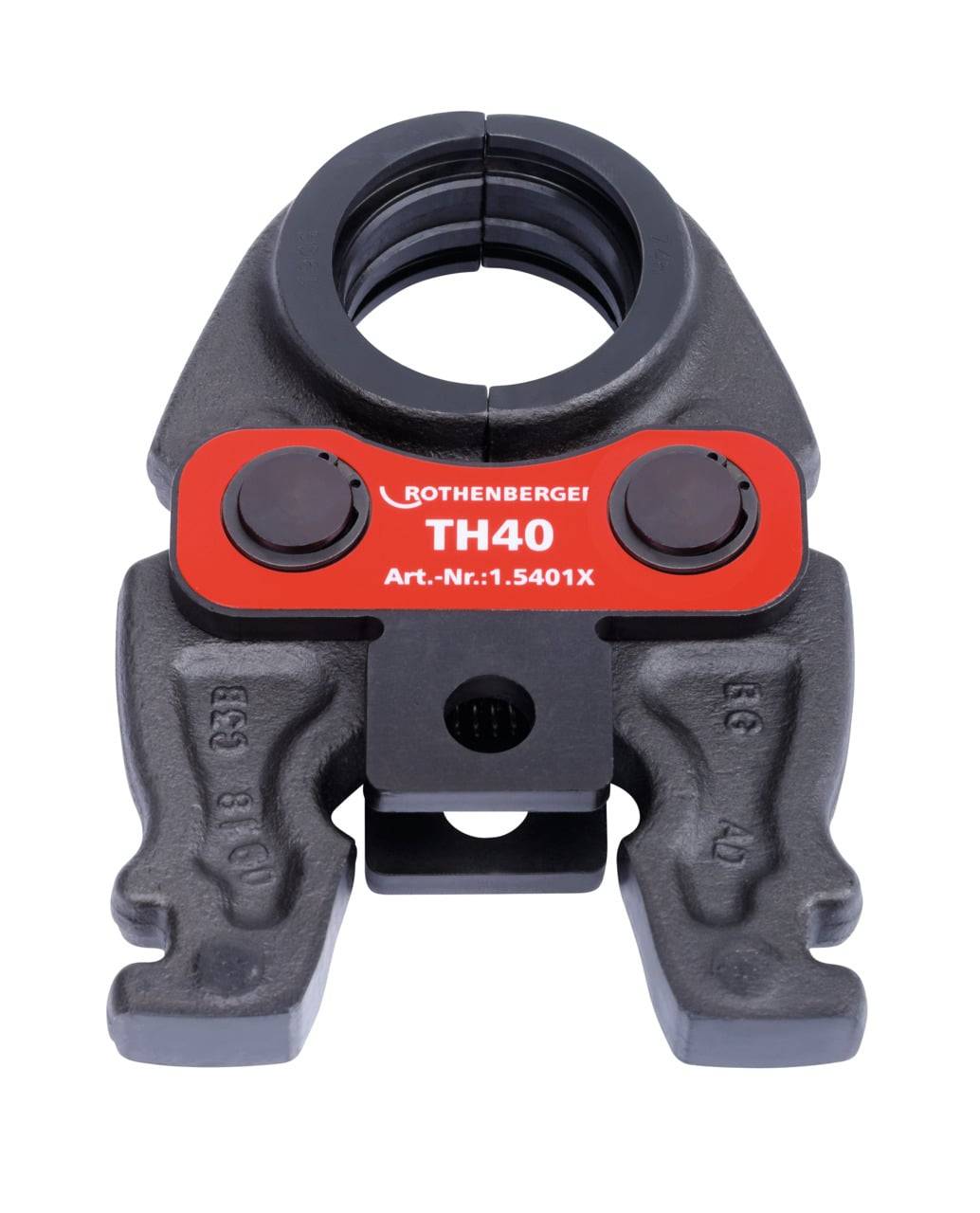 Ein Crimpwerkzeug-Kopf mit der Bezeichnung 'Rothenberger TH40' mit der sichtbaren Artikelnummer 'Art.-Nr.:1.5401X' auf seinem roten Abschnitt, entwickelt zum Pressen von Rohranschlüssen.