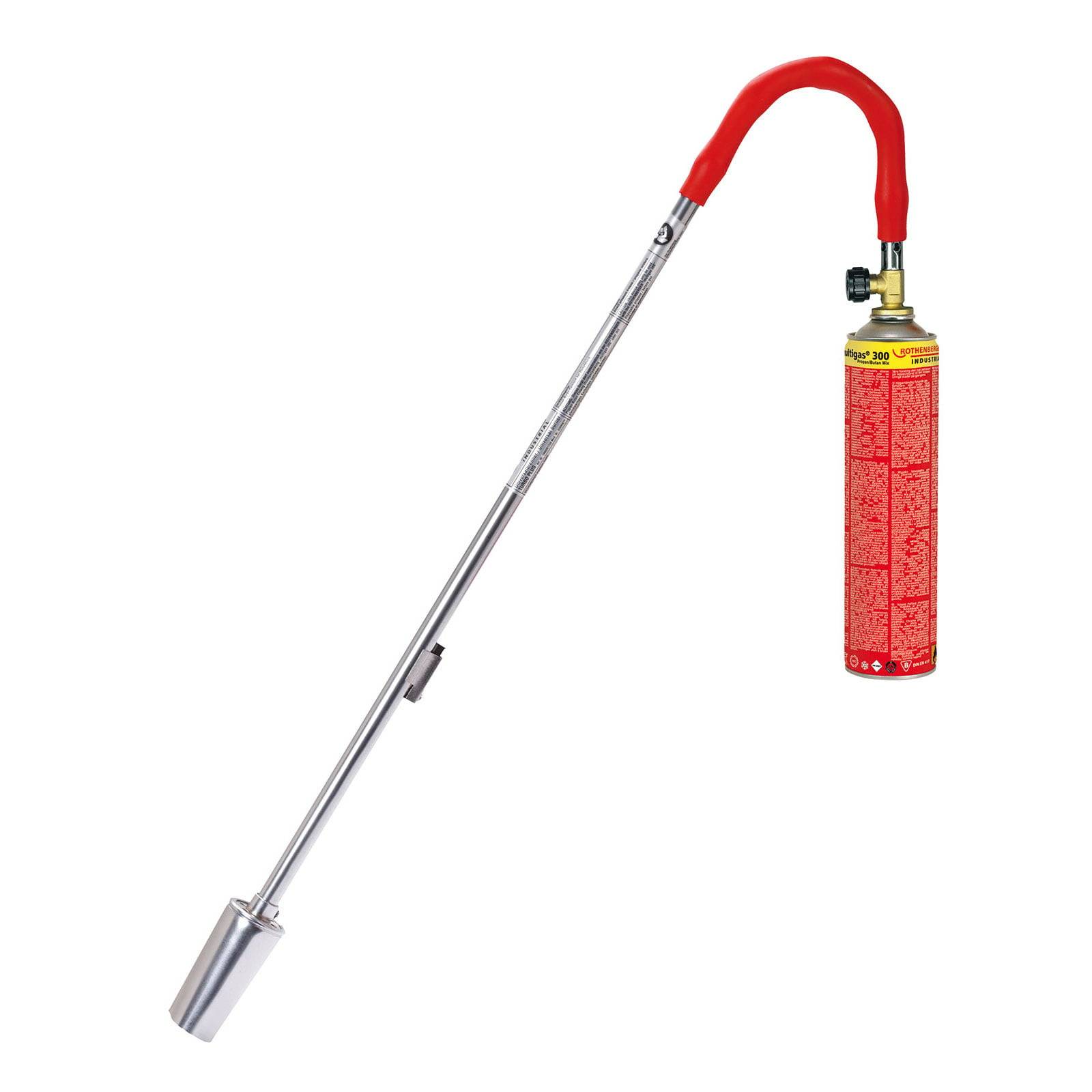 Unkrautbrenner mit langem Griff, rotem Griff und angeschlossenem Propangasbehälter. Geeignet zum Verbrennen von Unkraut und Gestrüpp.