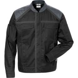 Eine schwarze Jacke mit hohem Kragen, gesteppten Schulterpanels und glatter Textur.