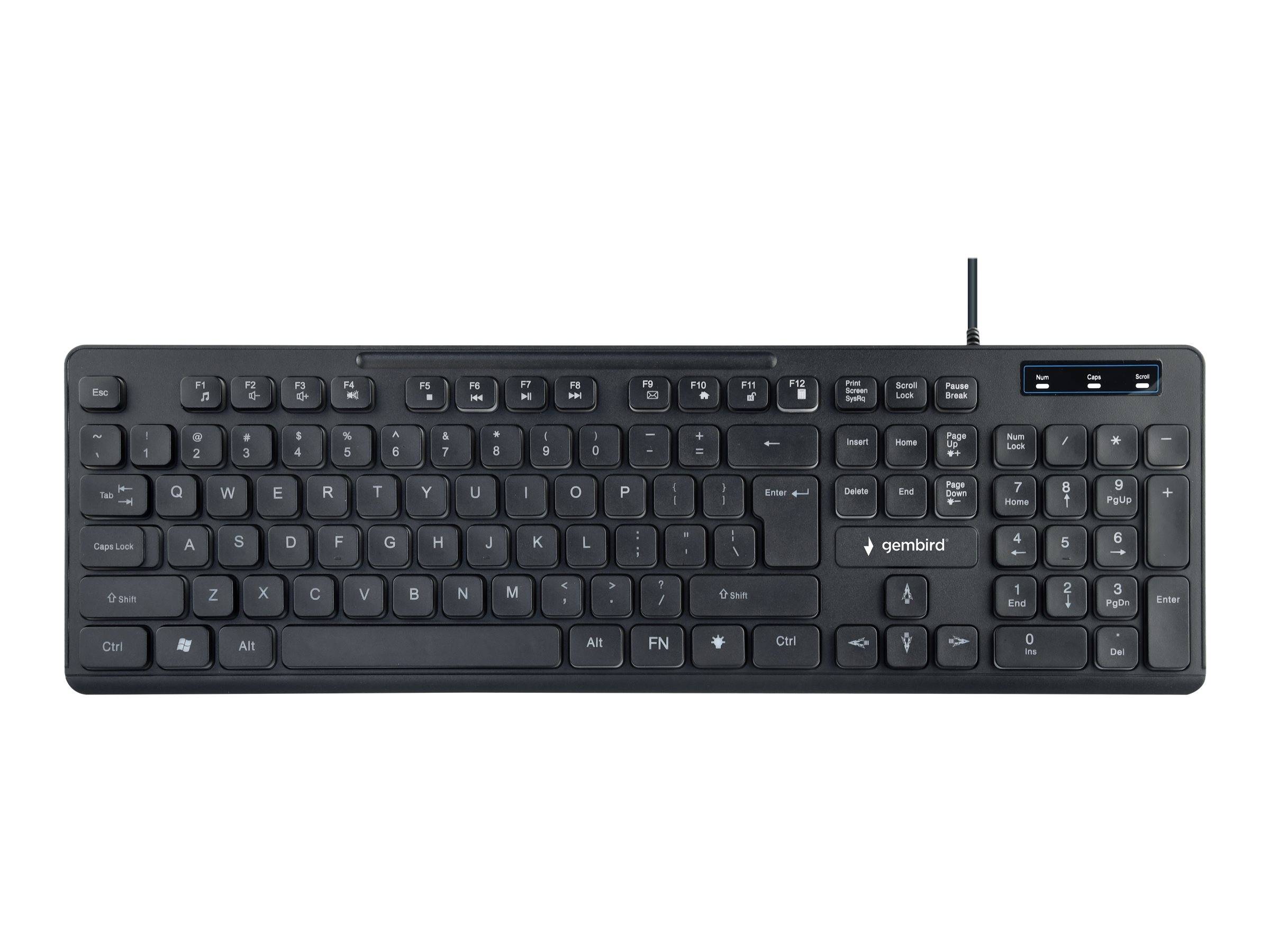 Eine schwarze QWERTY-Tastatur mit beschrifteten Tasten, einschließlich eines Nummernblocks und Funktionstasten, mit dem Markenlogo 'Gembird' in der oberen rechten Ecke.