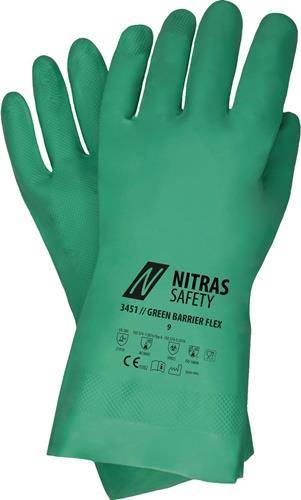 Grüne Nitrilhandschuhe mit dem Etikett „Nitras Safety