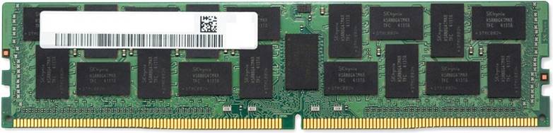 Eine grüne Leiterplatte mit mehreren schwarzen rechteckigen Chips, die einem RAM-Modul ähneln. Ein weißer Aufkleber mit schwarzem Text ist auf einem der Chips sichtbar.
