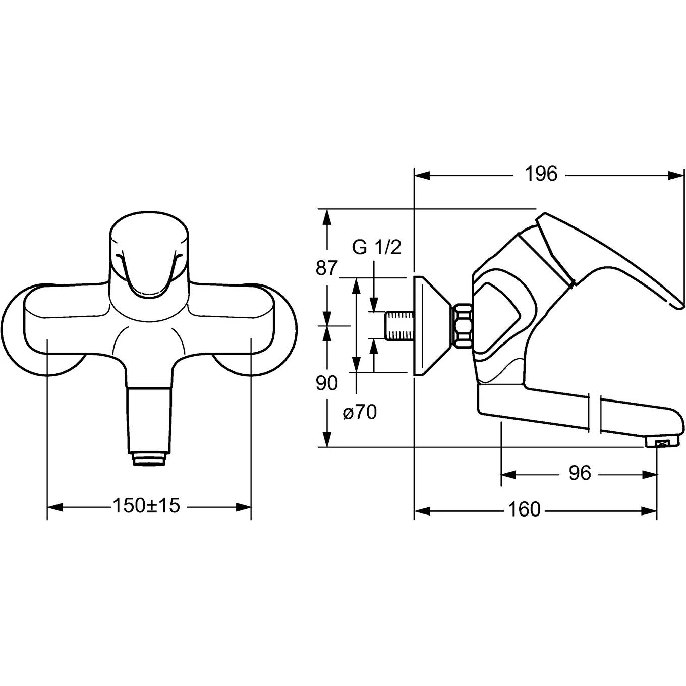 Technische Zeichnung einer wandmontierten Armatur mit Vorder- und Seitenansicht mit Abmessungen: 196 mm Länge, 160 mm Tiefe, 150±15 mm Breite, G 1/2 Anschluss und ø70 Befestigungsgröße.