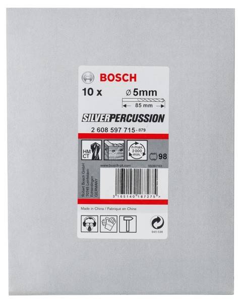 Bosch SilverPercussion 10er-Pack Bohrer, 5 mm Durchmesser, 85 mm Länge, geeignet für Beton, mit Produktcode 2 608 597 715.