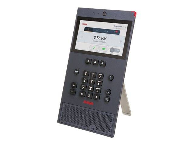Ein Tischtelefon mit Touchscreen-Display, das '3:56 PM' anzeigt, Tastenfeld, Tasten, Lautsprechergitter und Ständer zum Aufklappen.