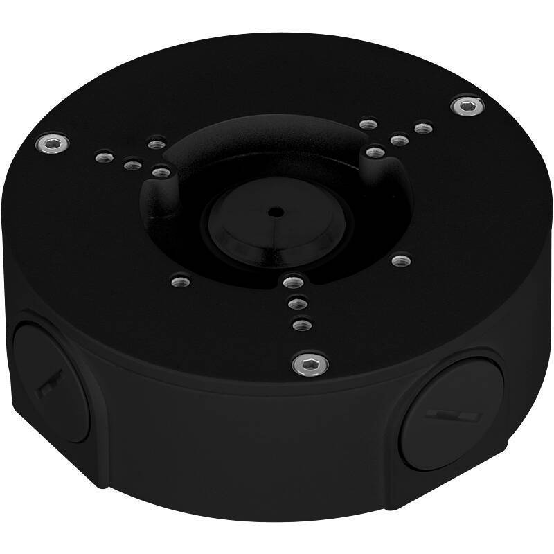 Eine schwarze, runde Kunststoff-Verteilerdose mit mehreren Befestigungspunkten, die für elektrische oder Netzwerkinstallationen verwendet wird.