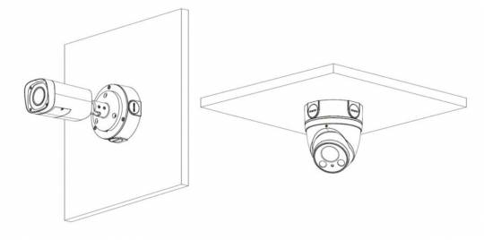 Strichzeichnung von zwei Überwachungskameras, die an Wand und Decke montiert sind und mögliche Positionen für die Installationen von Überwachungsanlagen zeigen.