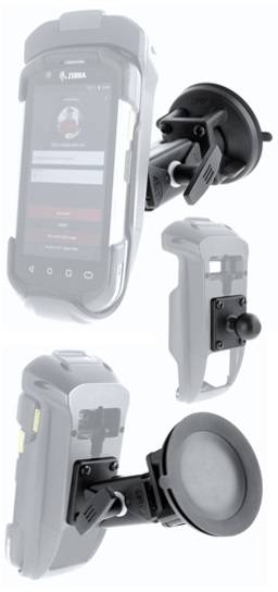 Telefon-Halterungsaccessoire mit Saugnapf-Arm und verstellbarer Halterung, das in mehreren Winkeln gezeigt wird und demonstriert, wie es an einem Gerät befestigt wird.