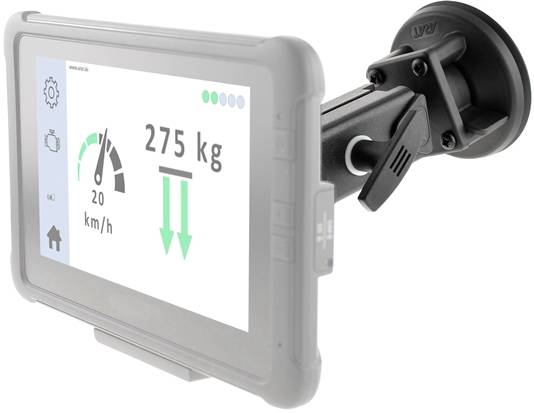 Eine fahrzeugmontierte digitale Anzeige zeigt eine Geschwindigkeit von 20 km/h und ein Gewicht von 275 kg an, befestigt an einer Saugnapfhalterung.
