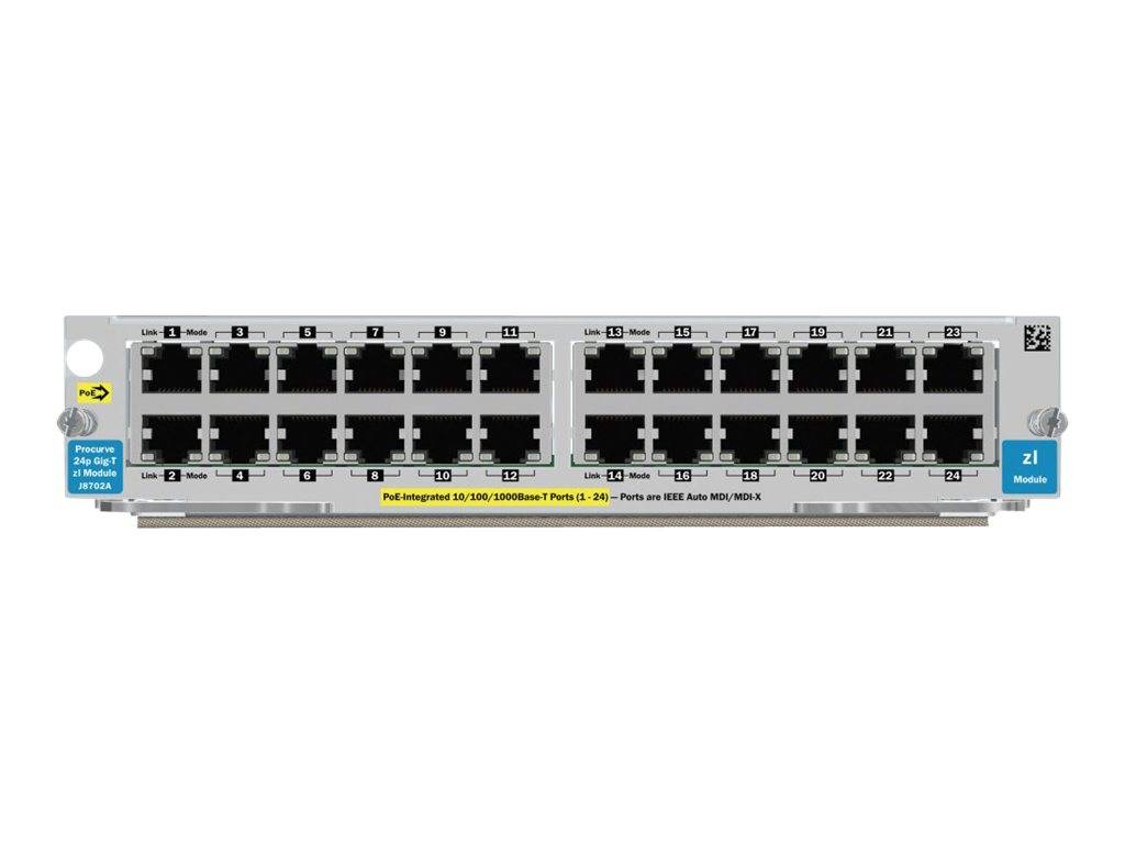 Vorderansicht eines 24-Port-PoE-Netzwerk-Switch-Moduls mit nummerierten Ethernet-Anschlüssen und Statusbezeichnungen, das zum Verbinden von Netzwerkgeräten verwendet wird.