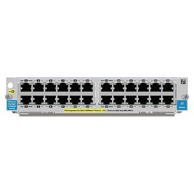 Frontansicht eines Netzwerk-Switch-Moduls mit zwei Reihen von Ethernet-Anschlüssen und Statusbezeichnungen auf einem grauen Bedienfeld.