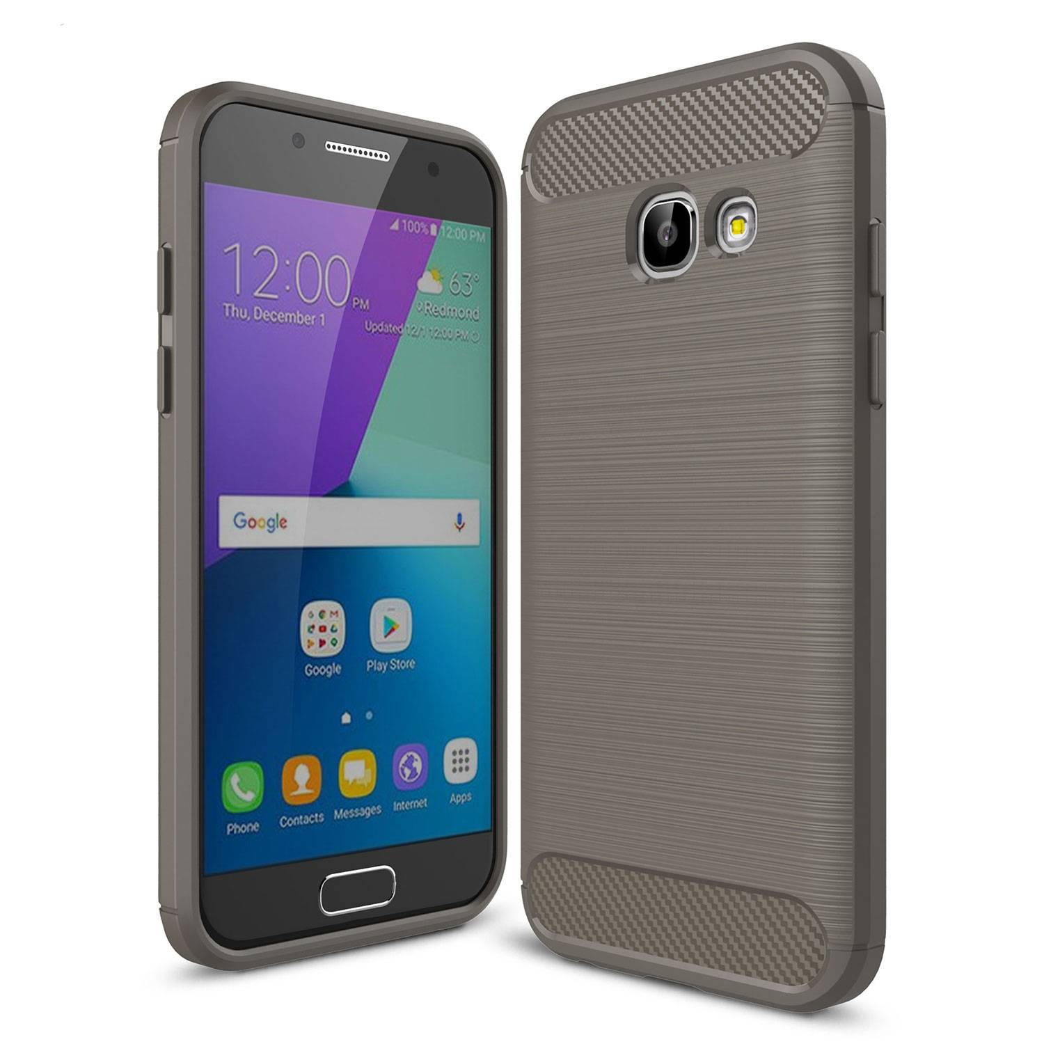 Ein Smartphone mit einer Schutzhülle mit strukturierter Rückseite, dargestellt aus beiden Front- und Rückansichten. Der Bildschirm zeigt Symbole und die Uhrzeit an.