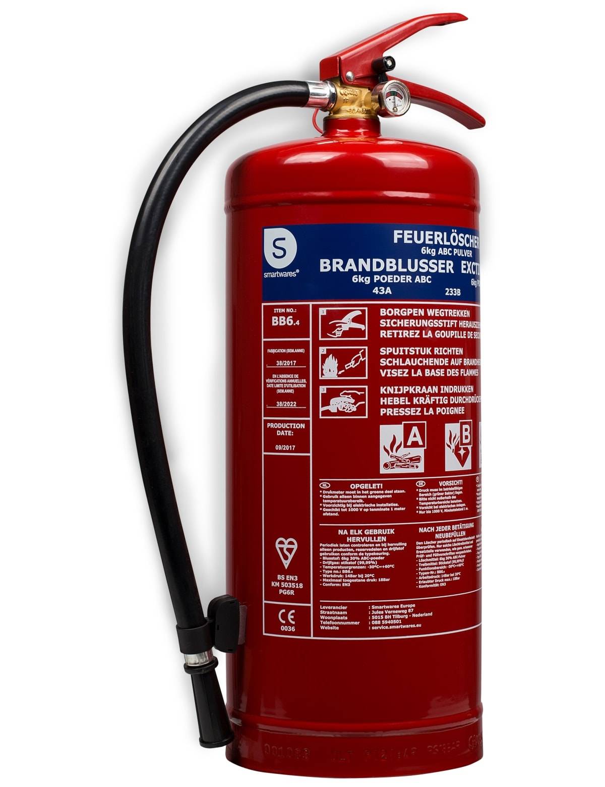 SMARTWARES Feuerlöscher, Pulver, 6 Kg, Brandklasse 43A, 223B, C